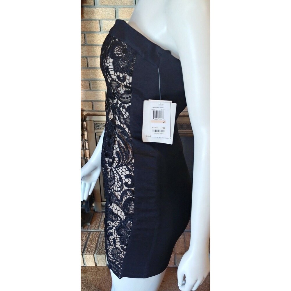Jessica McClintock Black Stretch Bodycon Strapless Lace Panel Dress NWT Size 2 - Picture 3 of 6